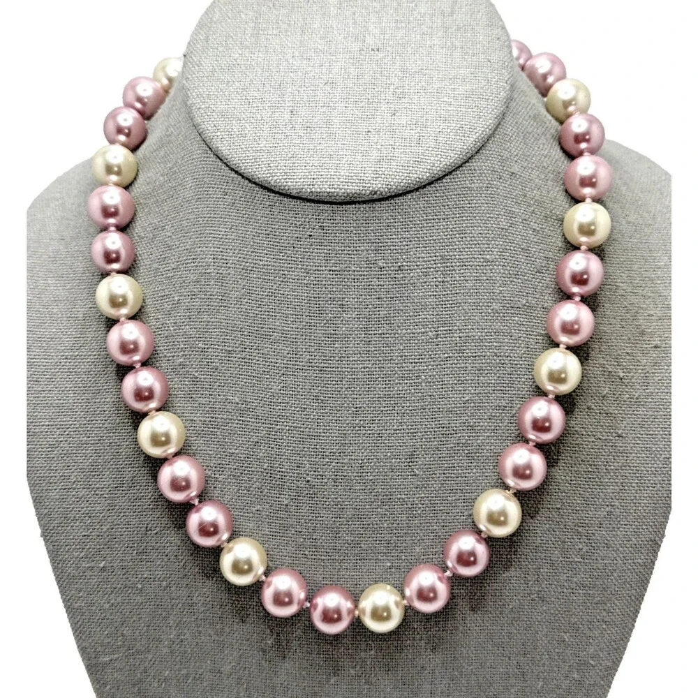 Vintage KISSAKA Faux Pearl Necklace Multicolor Pink Cream Glass Bead Strand 20